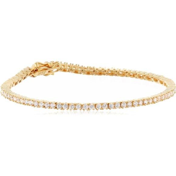 Gold Plated Sterling Silver Tennis Bracelet Cubic Zirconia 7 Inch Jewelry - Picture 1 of 7